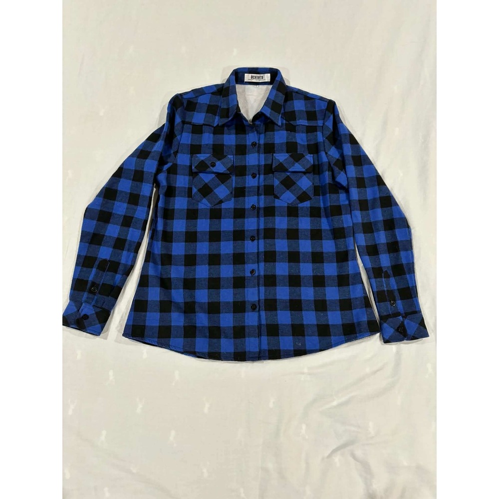 OCHENTA Blue Black‎ Buffalo Plaid Flannel Shirt Long Sleeve Button Up Top Size S